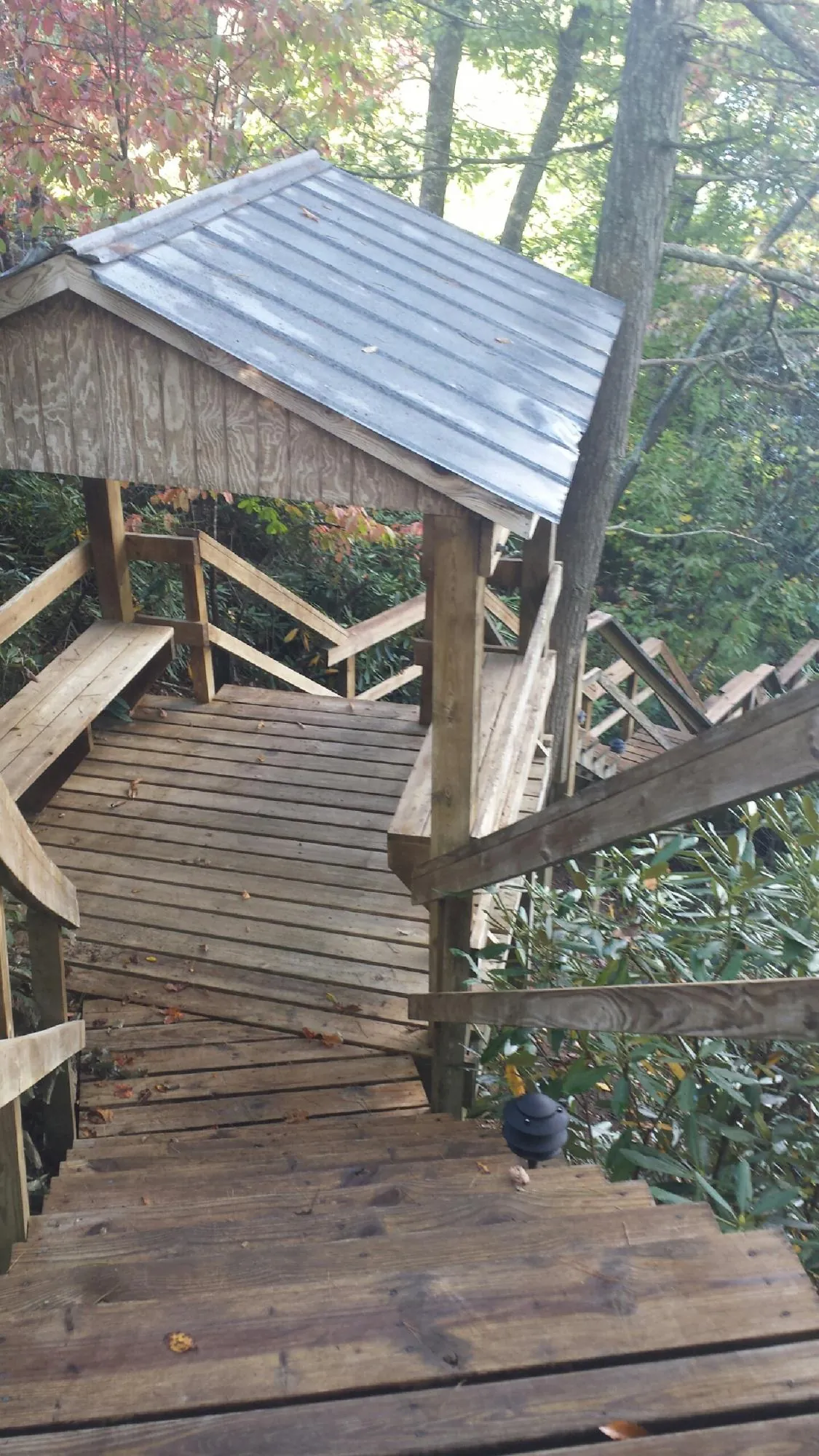 Metal roofed shelter over wooden steps on a wooded walkway — Skylight Repair & Installation work by our crew in Jerico Springs